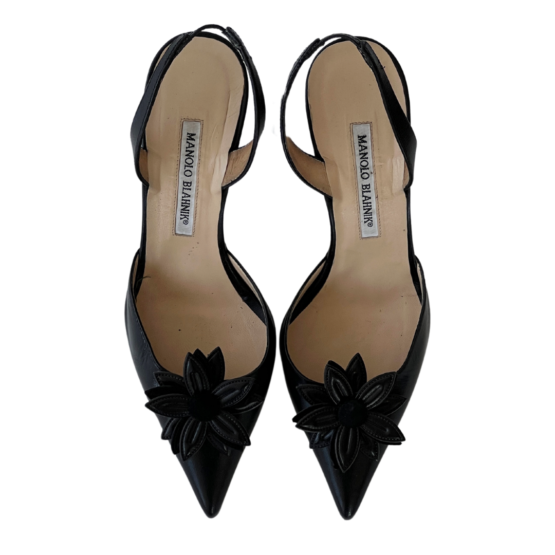 Flower Applique Manolo Blahnik Slingbacks (37.5)