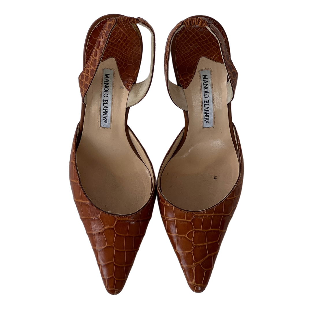 Croc Brown Manolo Blahnik Slingbacks (38.5)