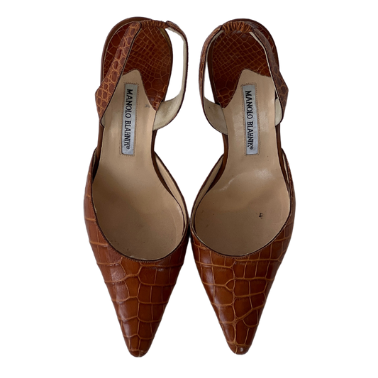 Croc Brown Manolo Blahnik Slingbacks (38.5)